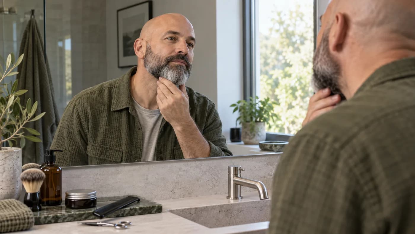Bald man checking a salt-and-pepper beard in a daylight mirror