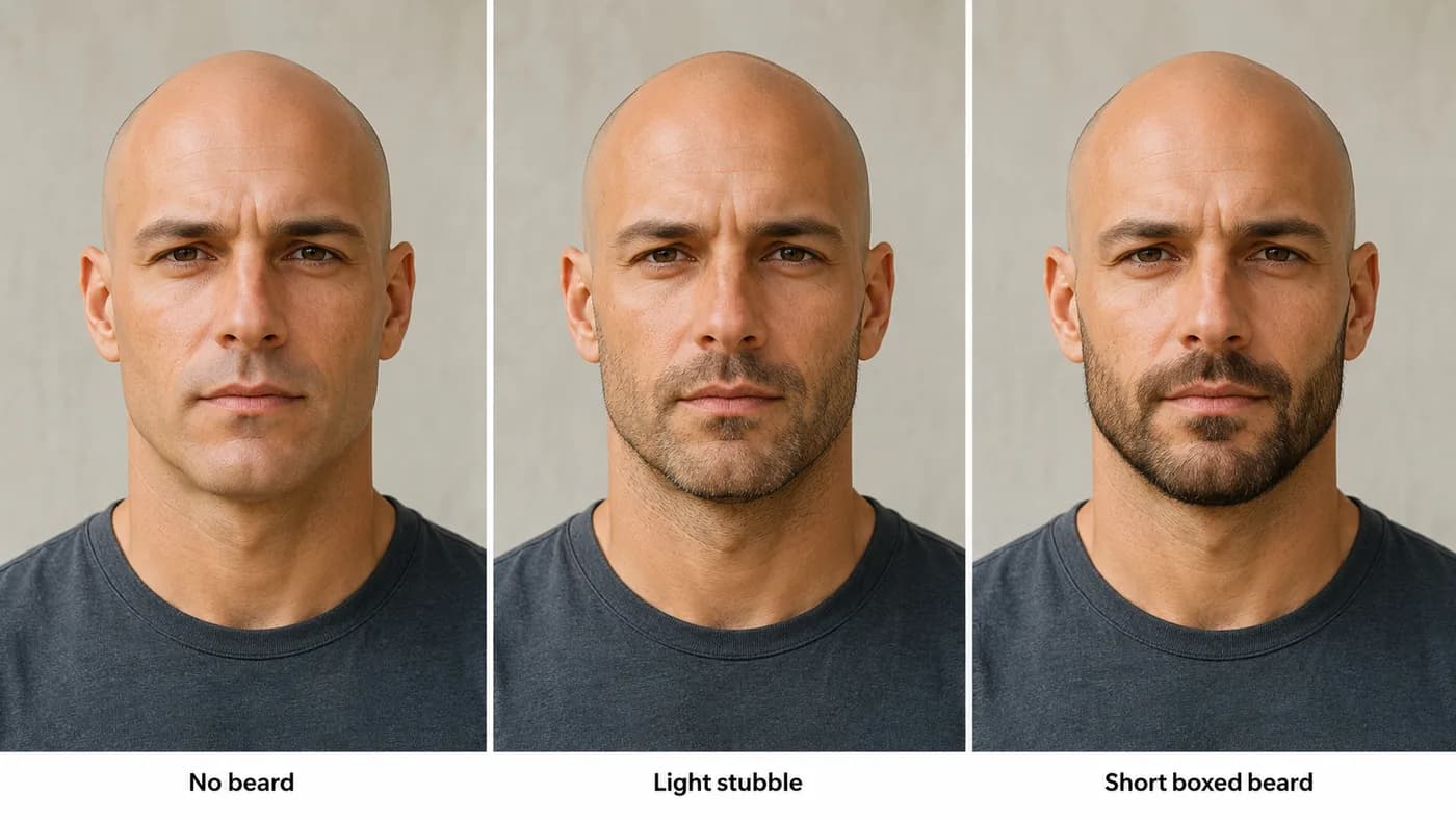 Comparison of the same bald man with no beard, light stubble, and a short boxed beard
