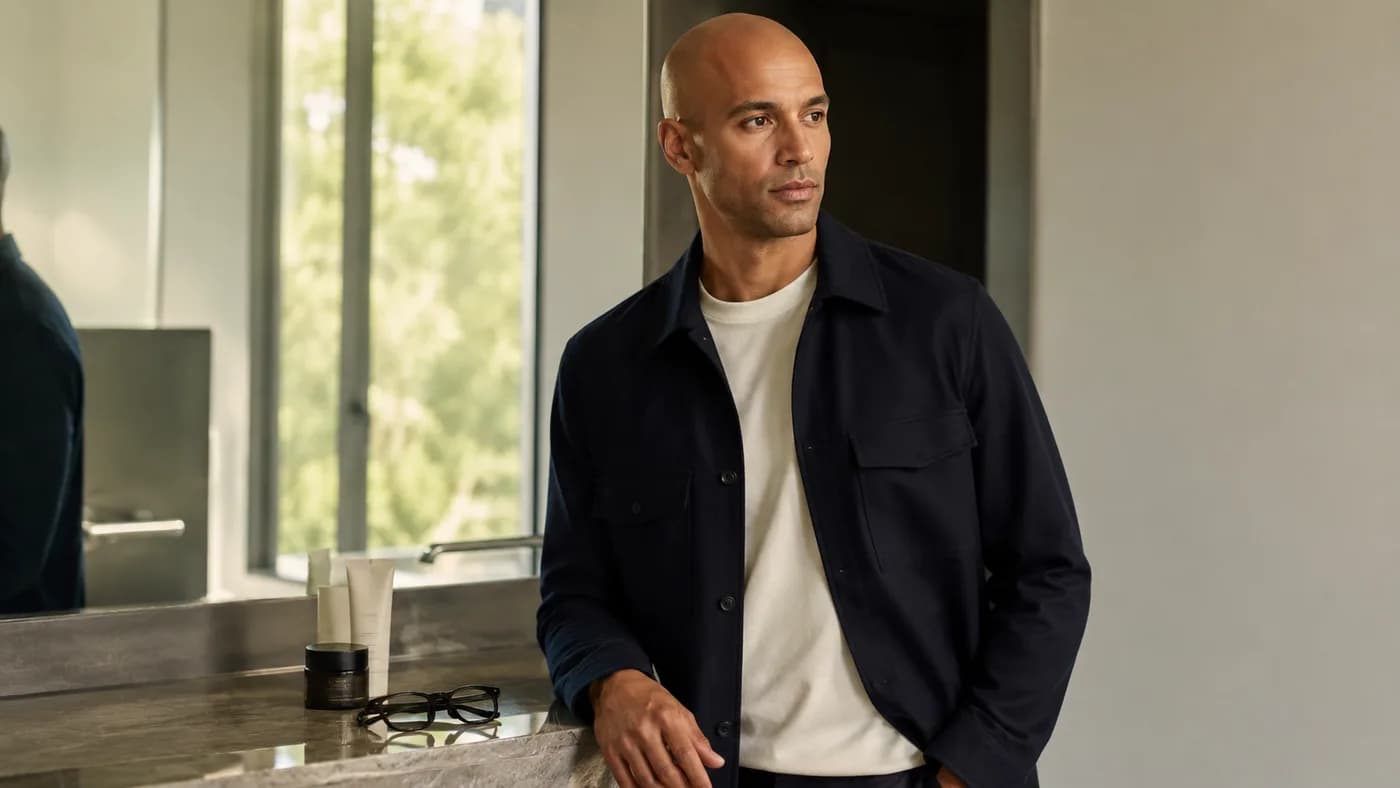 Clean-shaven bald man with a structured jacket beside grooming essentials such as moisturizer, sunscreen, and glasses