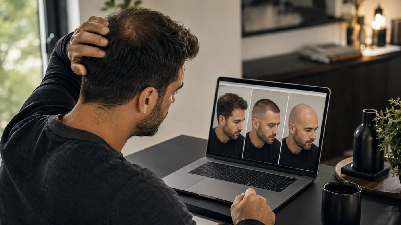 Man reviewing crown-area hairstyle previews on a laptop to compare current hair, short buzz cut, and shaved-head options.