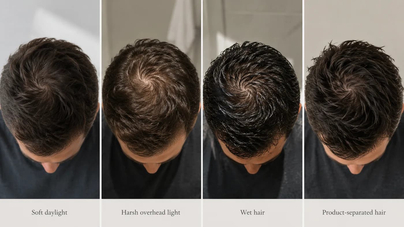 Crown visibility comparison under soft daylight, harsh overhead light, wet hair, and product-separated hair.