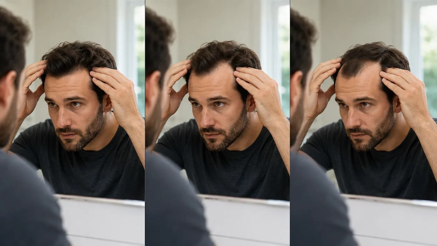 Man comparing temple recession and front hairline in a mirror