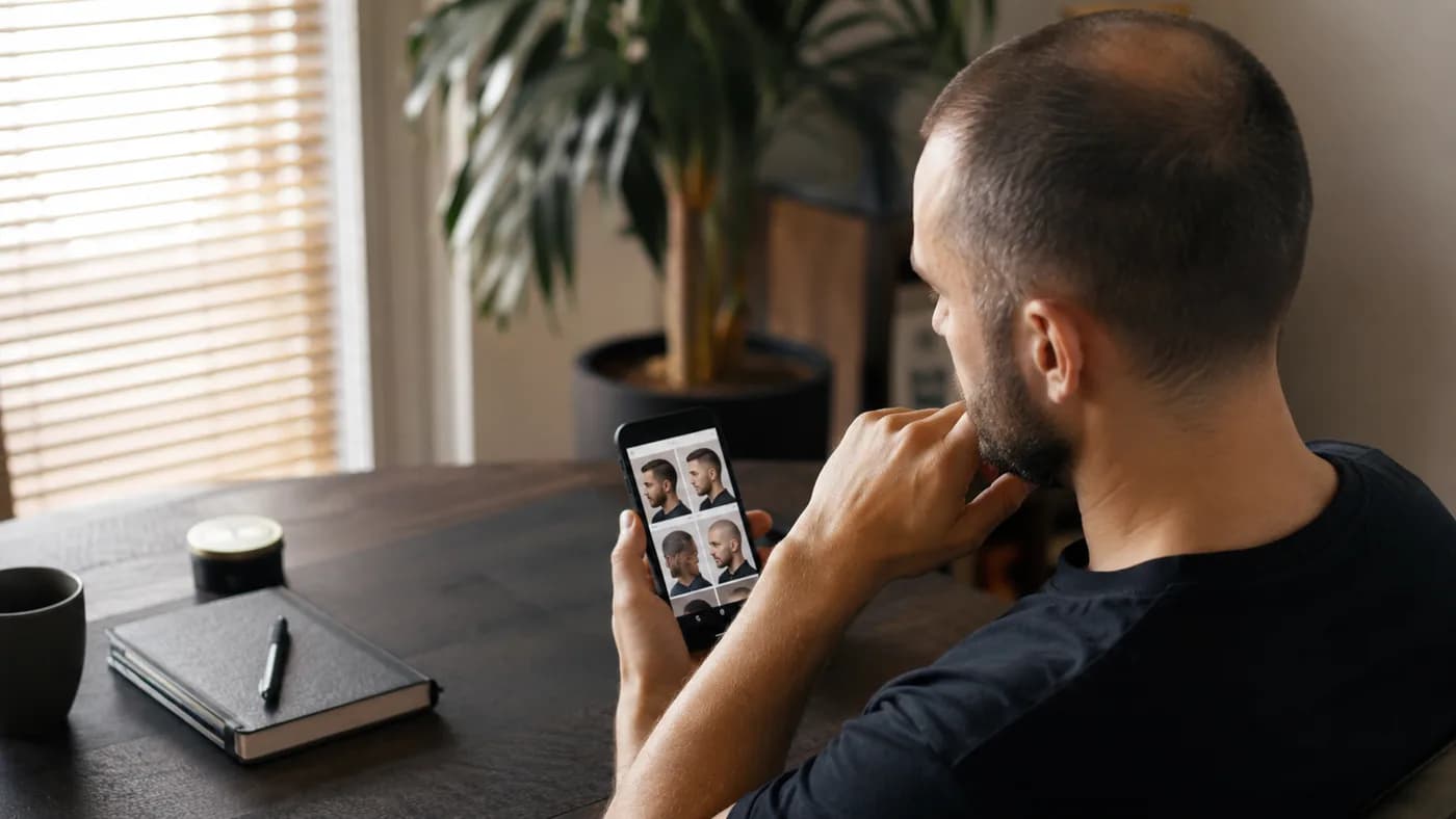 Man reviewing haircut options after a hair-loss self-check