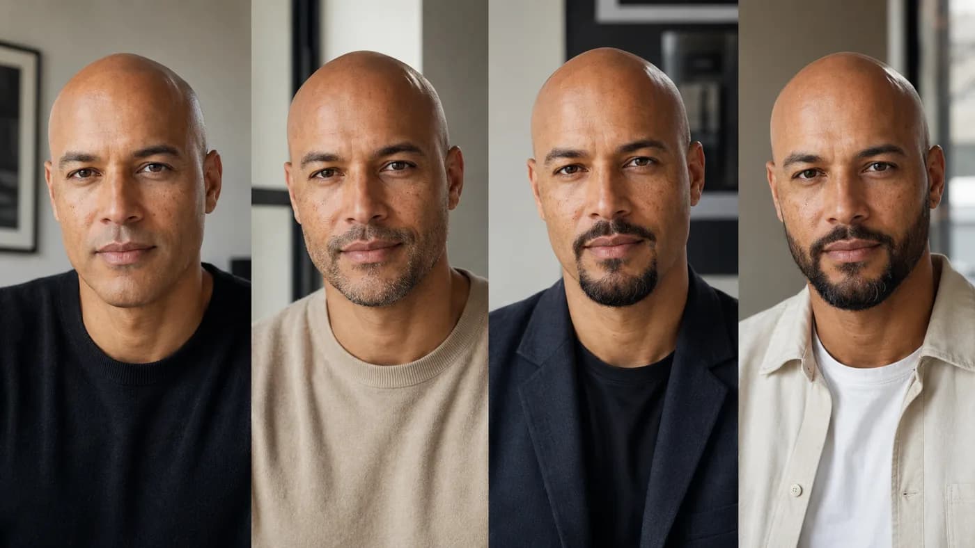 The same man shown bald with no beard, bald with stubble, bald with goatee, and bald with a short boxed beard