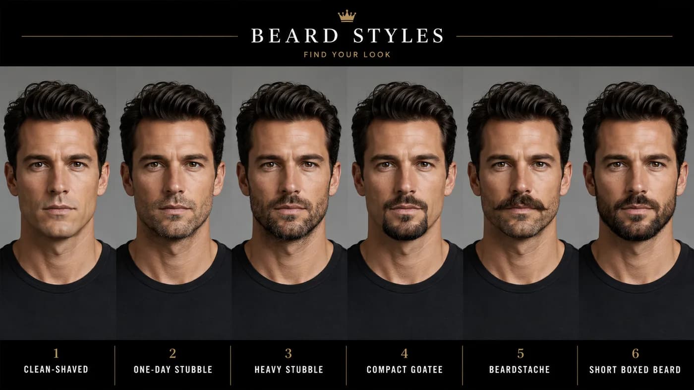 Comparison grid of the same man with clean-shaven, light stubble, heavy stubble, compact goatee, beardstache, and short boxed beard
