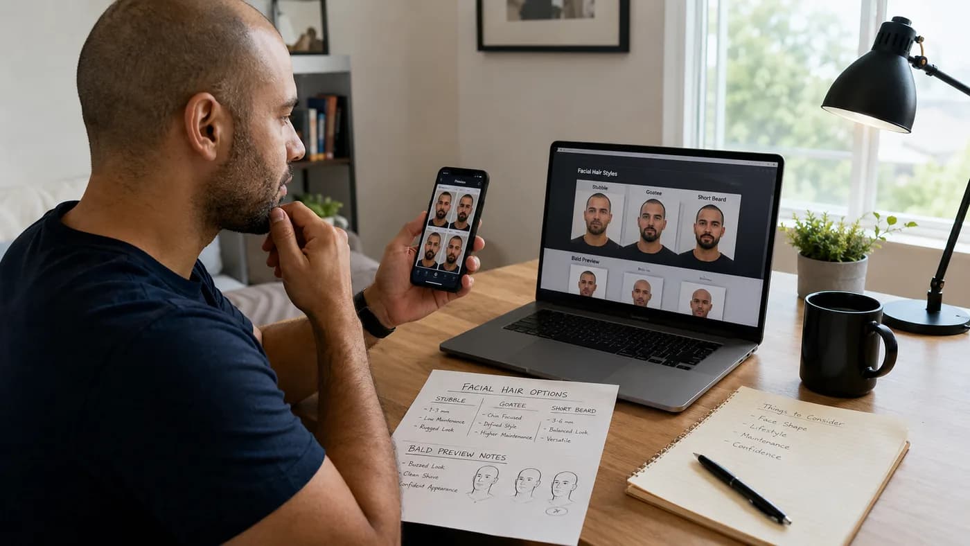 Man reviewing facial-hair preview results on a phone and laptop with notes comparing stubble, goatee, and short beard