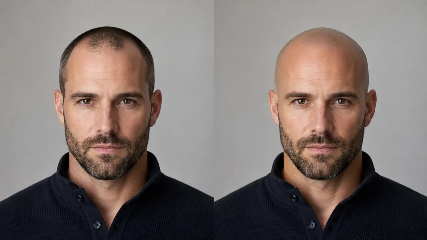 Buzz cut versus shaved head comparison for a receding hairline