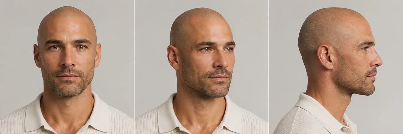 Comparison of thinning styled hair, a number 1 buzz cut, and a clean shaved head with stubble