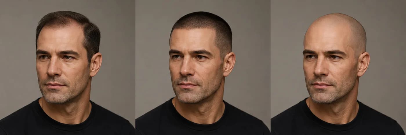 Front, three-quarter, and side-profile views for judging a shaved-head silhouette