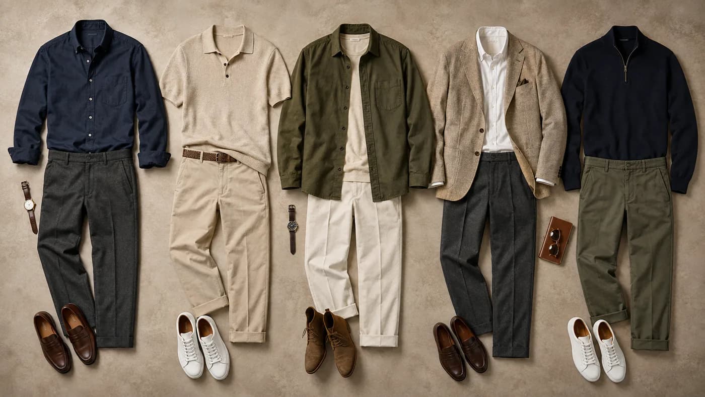 Five coordinated business-casual outfits for a bald man