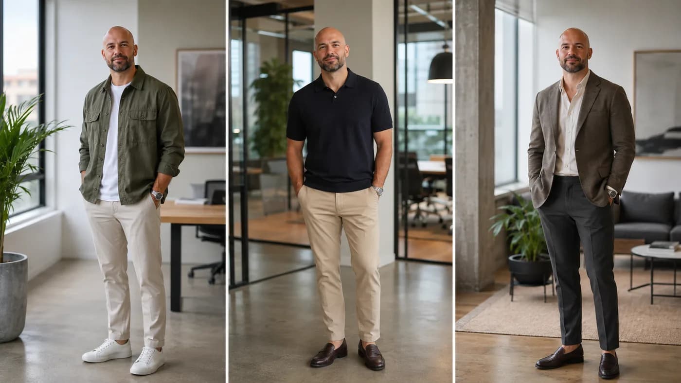 Bald man in relaxed, standard, and polished business-casual office outfits
