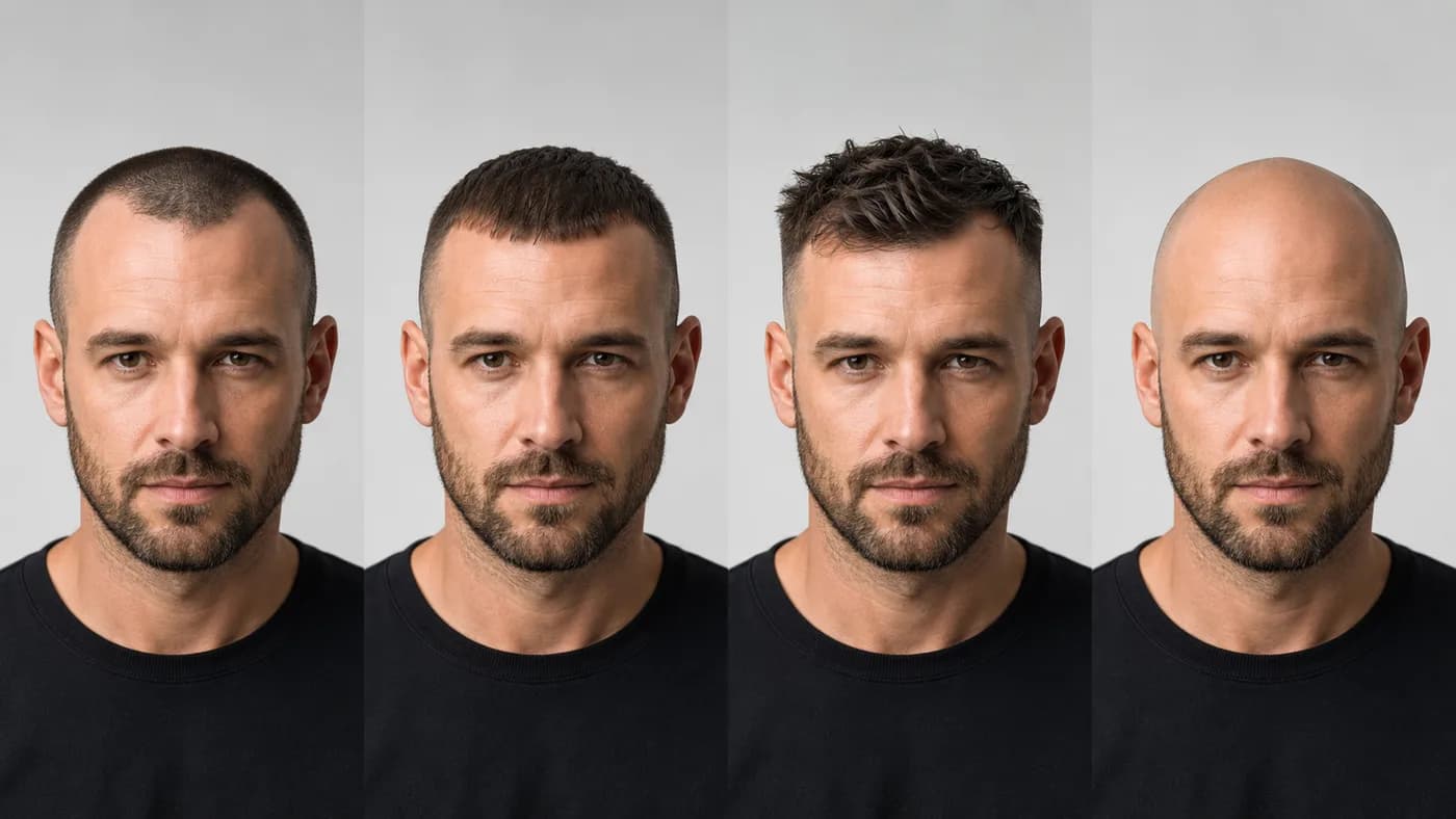 Same man shown with a #1 buzz cut, Caesar cut, textured crop, and shaved head