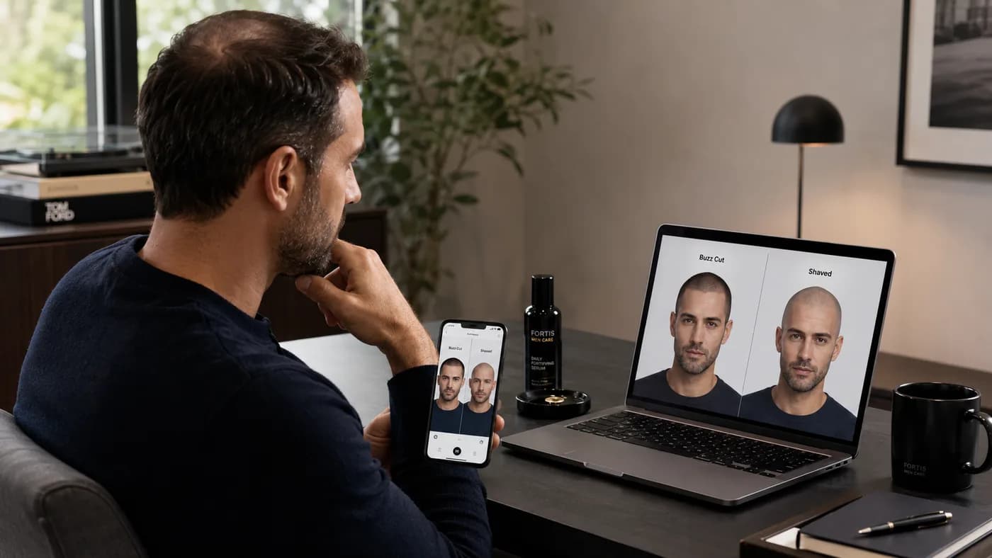 Man reviewing buzz cut and shaved head preview results on a laptop and phone