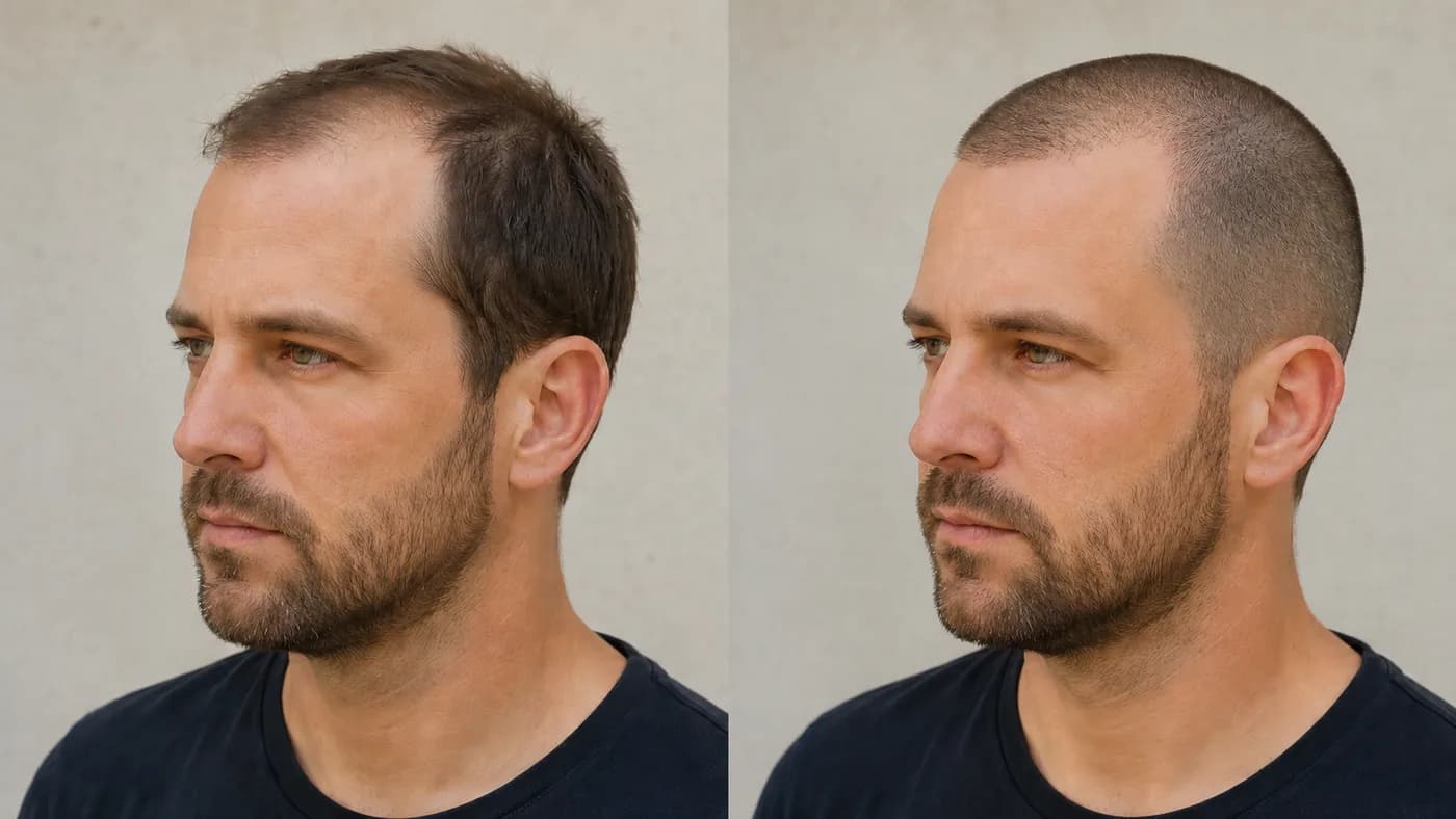Before-and-after comparison of the same man with thinning hair and a clean buzz cut