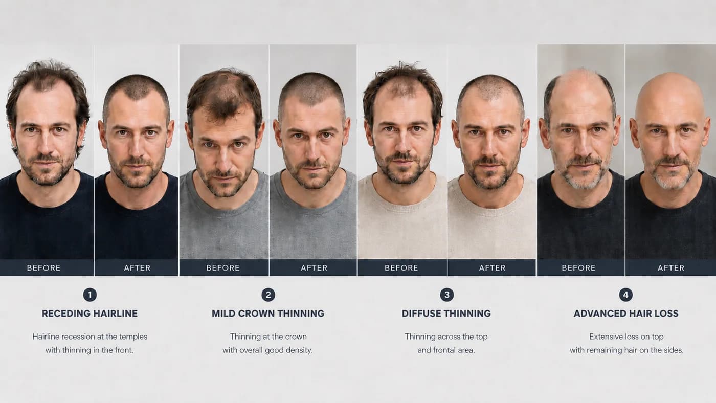 Before-and-after lineup showing receding hairline, crown thinning, diffuse thinning, and advanced hair loss after a buzz cut