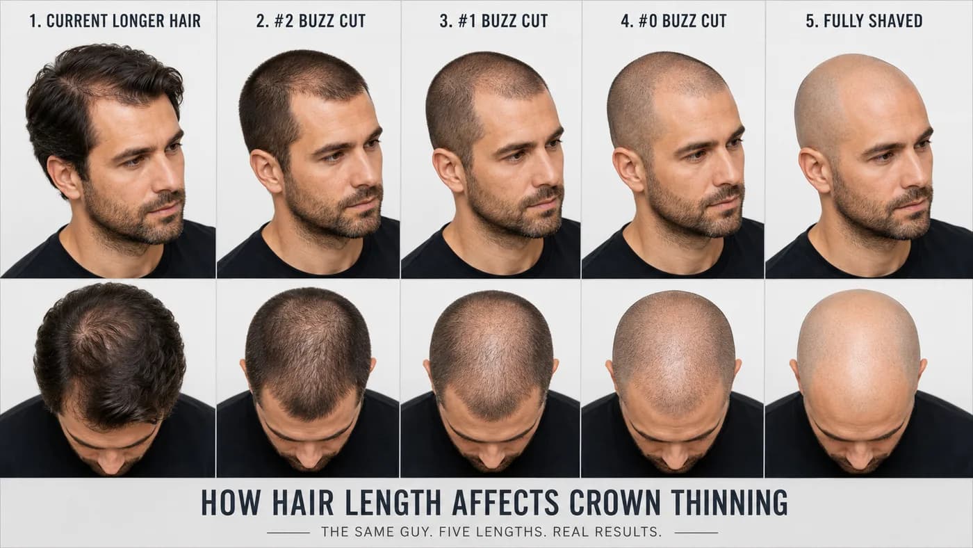 Crown thinning comparison showing current longer hair, #2 buzz cut, #1 buzz cut, #0 buzz cut, and fully shaved head
