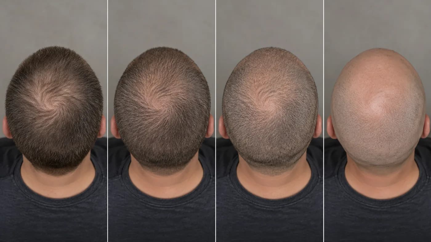 Four rear views illustrating a longer buzz, shorter buzz, close clipper stubble, and a shaved head with crown thinning.