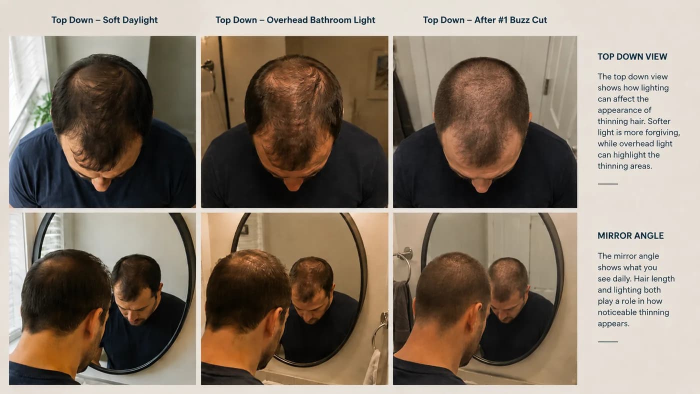 Lighting comparison showing how a thinning crown looks in soft daylight, overhead bathroom light, and after a #1 buzz cut