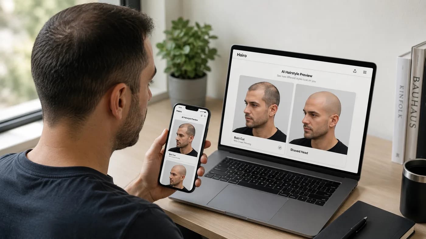 Man reviewing crown-thinning buzz cut and shaved-head previews on a phone and laptop