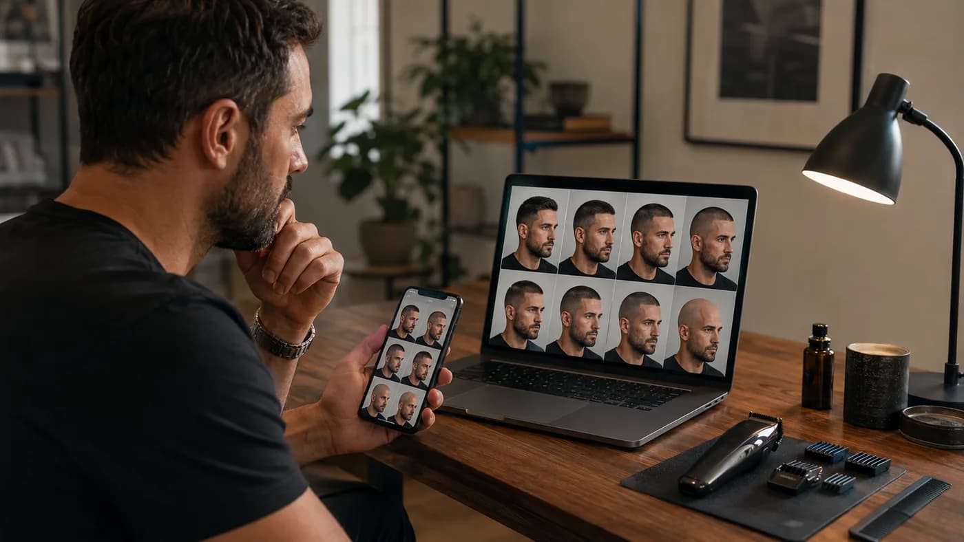 Man reviewing buzz cut and shaved-head preview options on a laptop and phone at home
