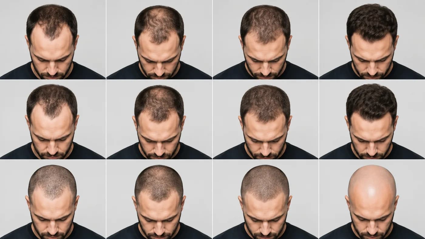 Guard length comparison for balding men across recession, crown thinning, diffuse thinning, and shaved options