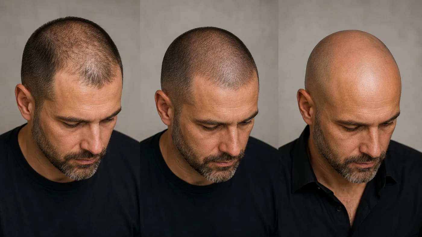 Comparison of current thinning hair, a shorter buzz cut, and a shaved head for crown and diffuse hair loss