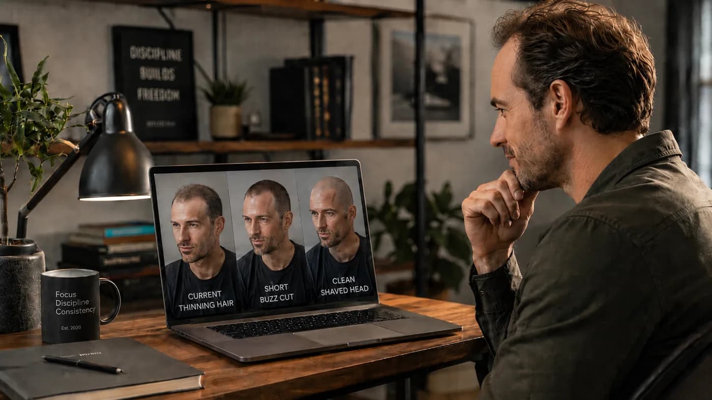 Man reviewing current hair, buzz cut, and shaved-head previews on a laptop before deciding