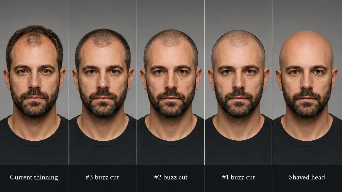 Buzz cut length comparison showing current thinning hair, #3 buzz cut, #2 buzz cut, #1 buzz cut, and a shaved head