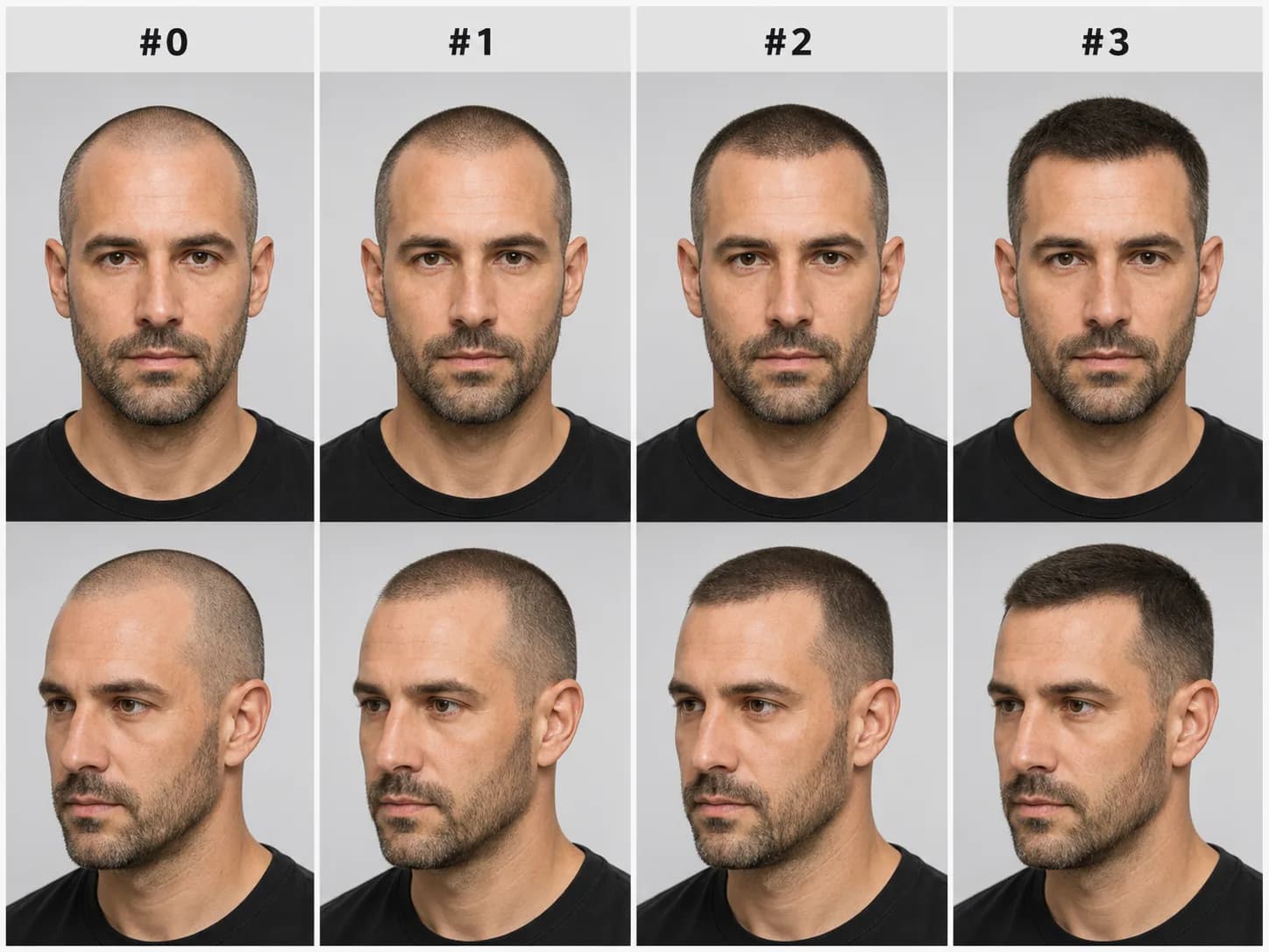 Guard length comparison for a receding hairline buzz cut