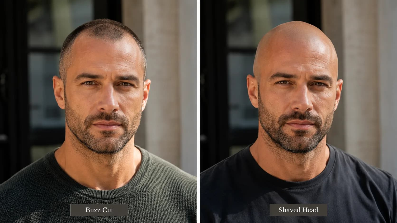 Buzz cut versus shaved head comparison for a receding hairline