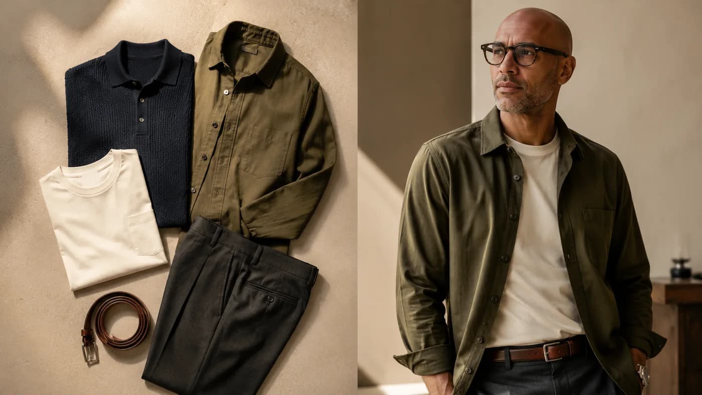 Bald men’s clothing color palette with navy, olive, cream, and charcoal