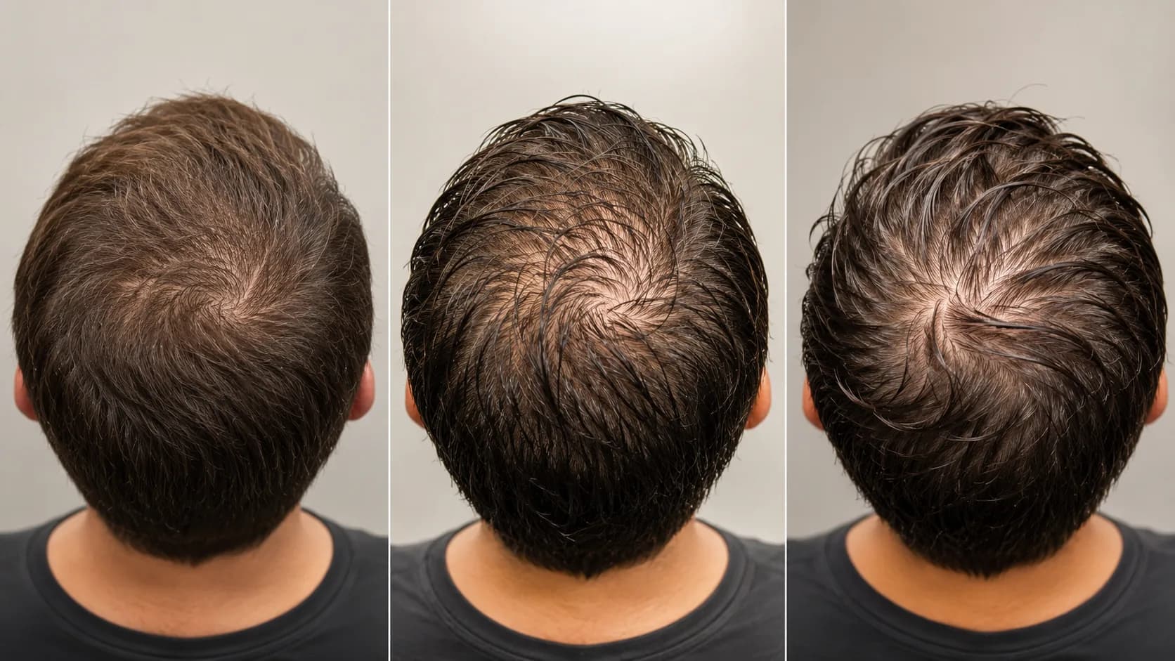Crown thinning comparison under natural light, wet hair, and product-separated hair