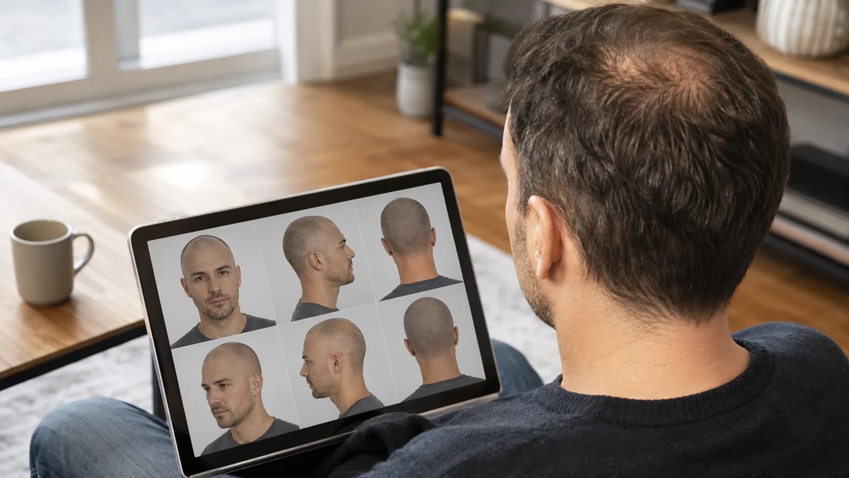 Man reviewing shaved-head previews after noticing crown thinning