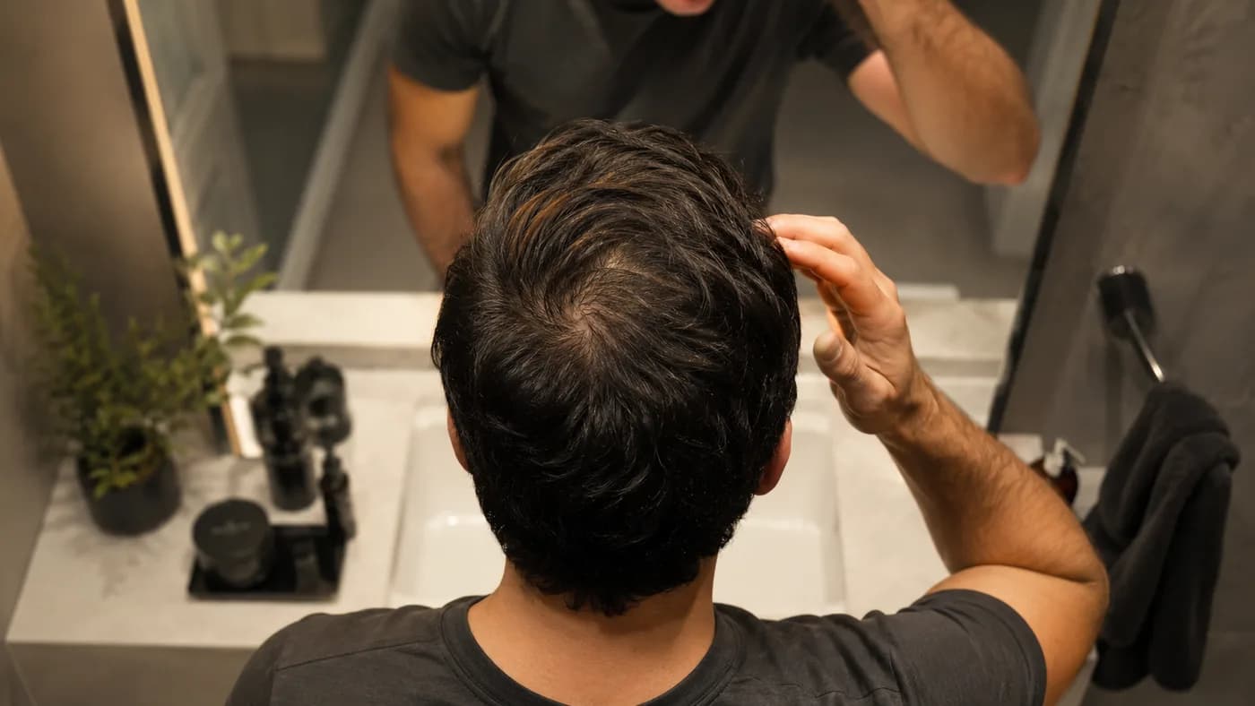 Man noticing subtle crown thinning at the natural swirl under overhead light