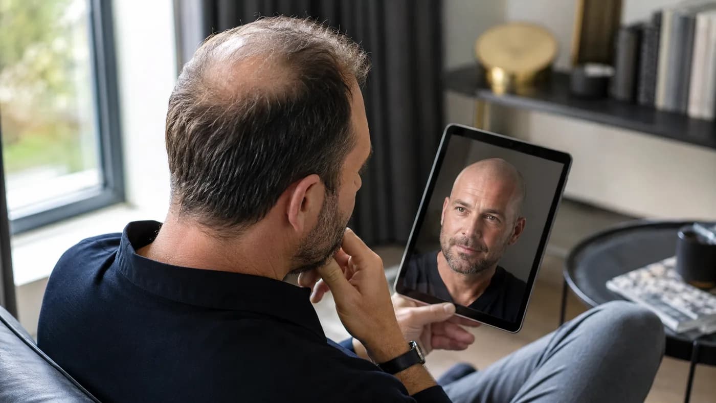 Man comparing advanced crown thinning with a shaved-head preview on a tablet