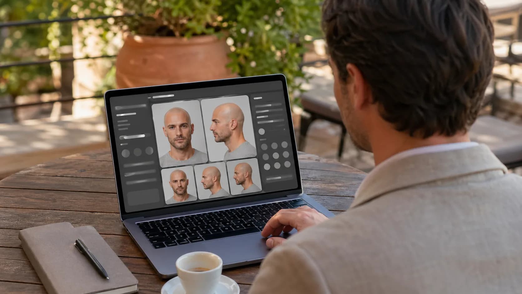 Man reviewing shaved-head preview options before changing his look