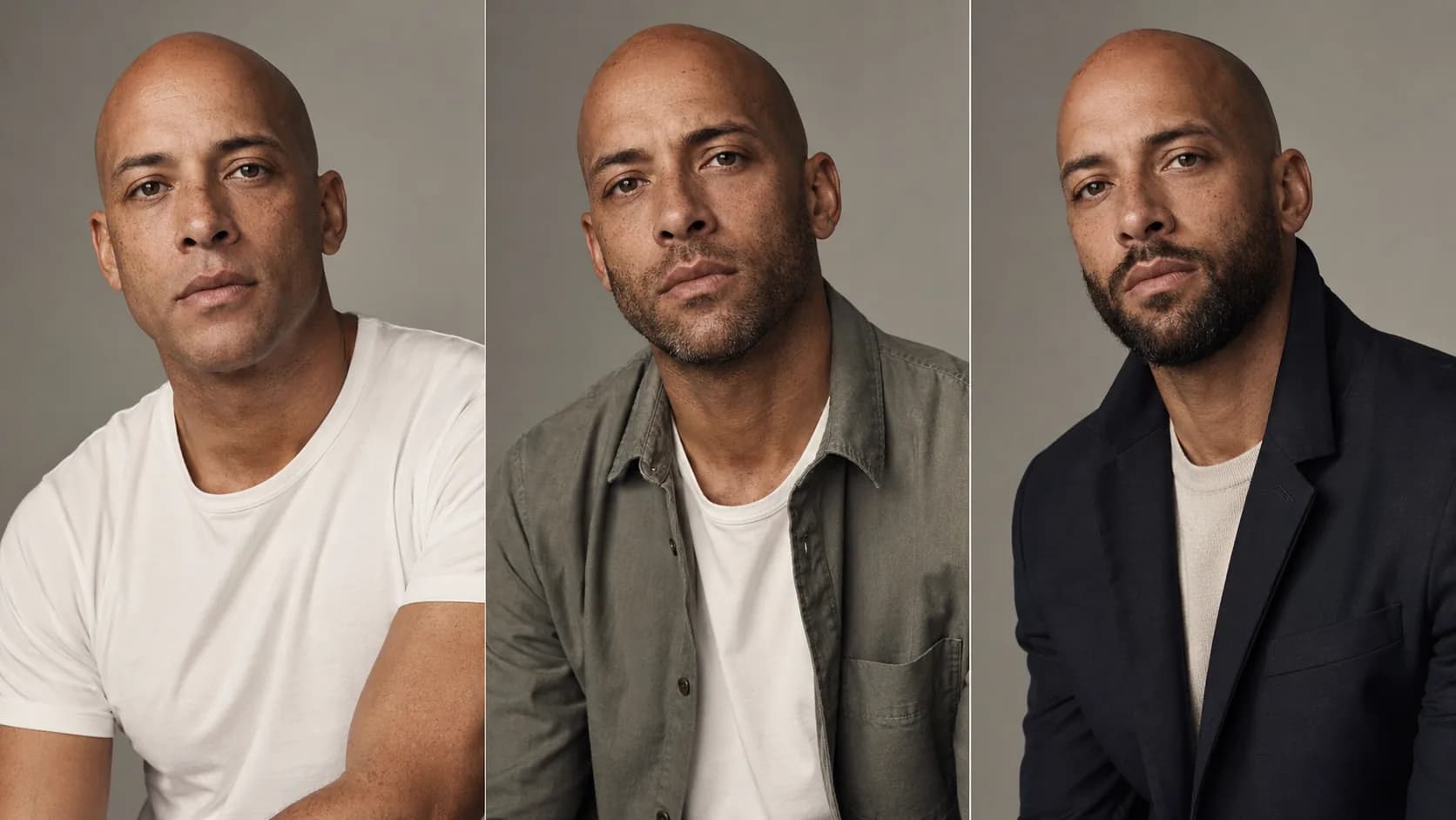 Bald man style comparisons with clean-shaven, stubble, and short beard options