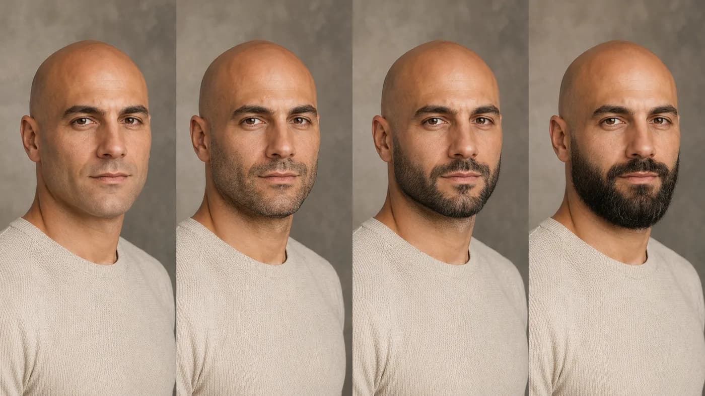 Same bald man comparing clean-shaven, heavy stubble, short boxed beard, and neat full beard styles