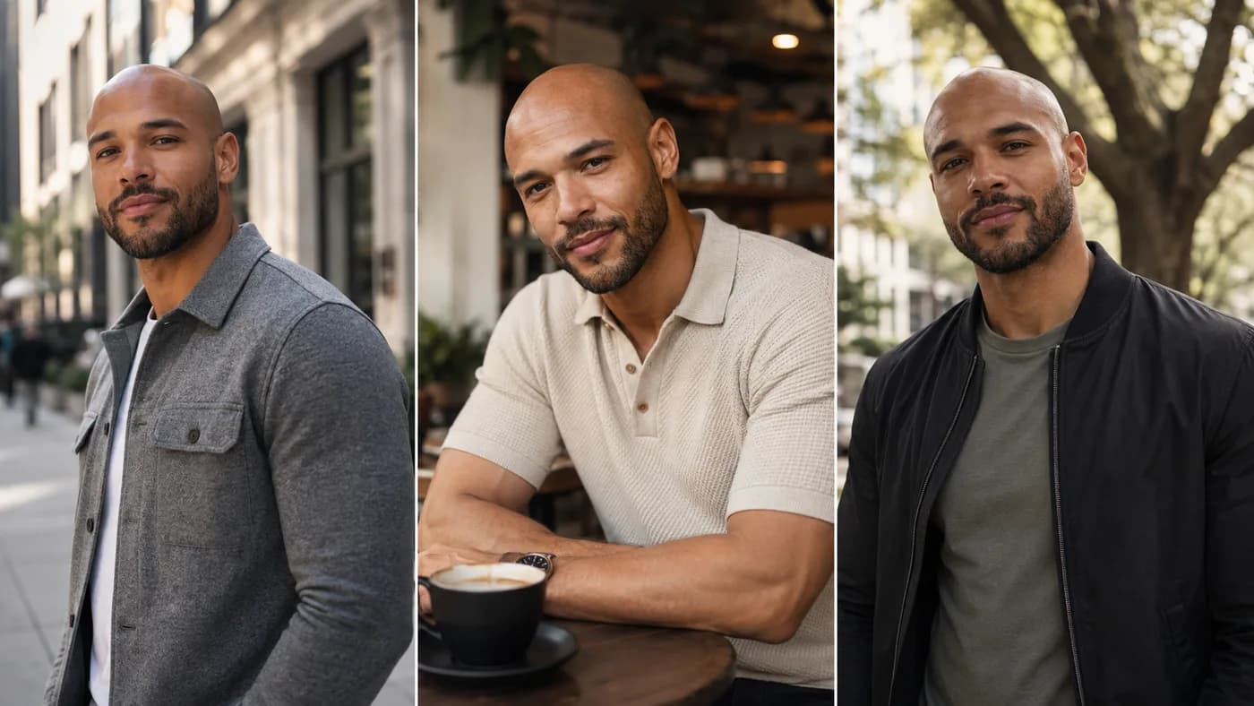 Bald man with a neat short beard in city, cafe, and outdoor dating-profile photo settings