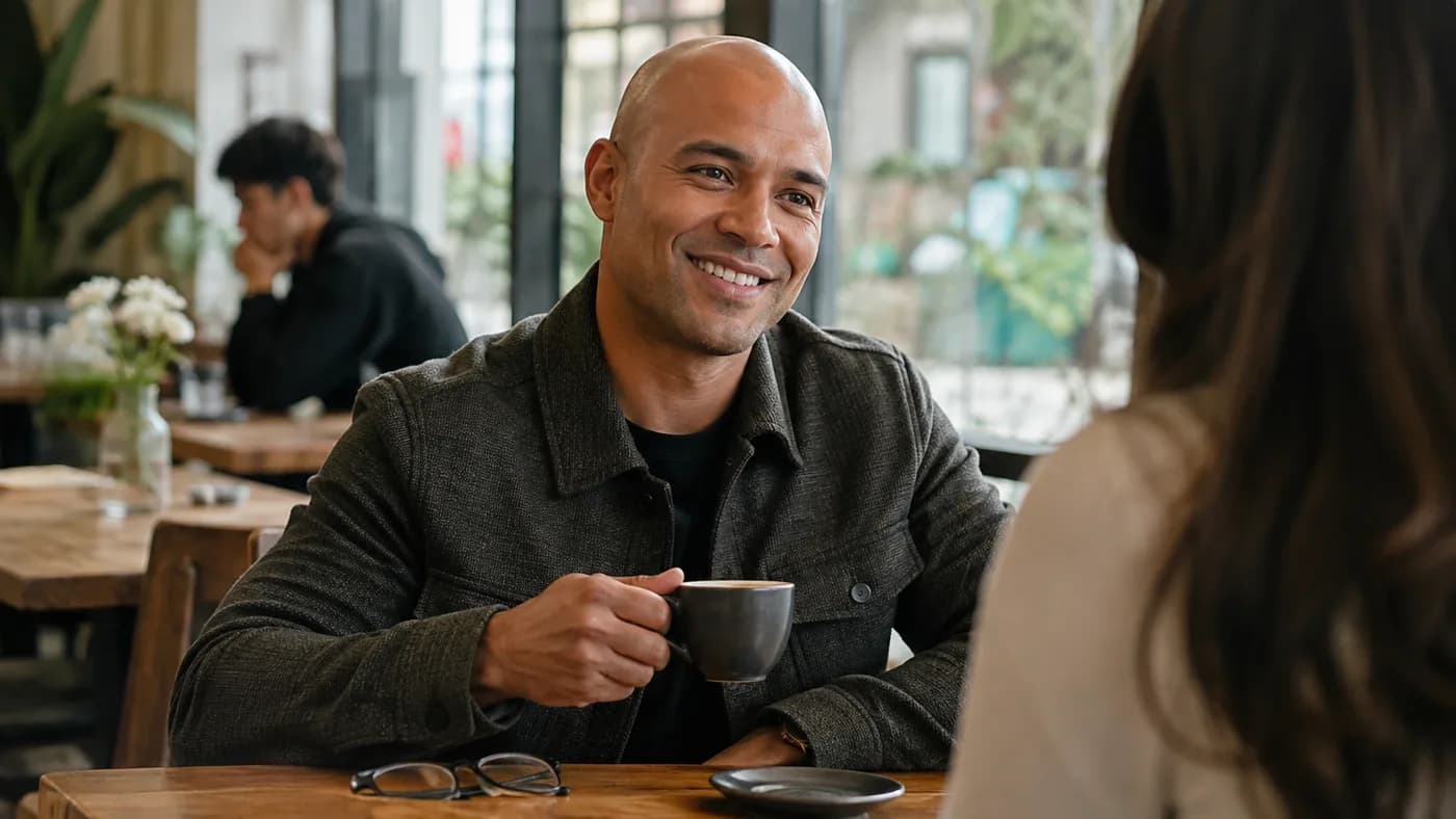 A clean-shaven bald man on a casual daytime date, wearing a structured overshirt and smiling naturally