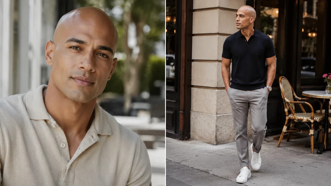Clean-shaven bald man in natural light comparing a relaxed portrait with a full-body date outfit photo