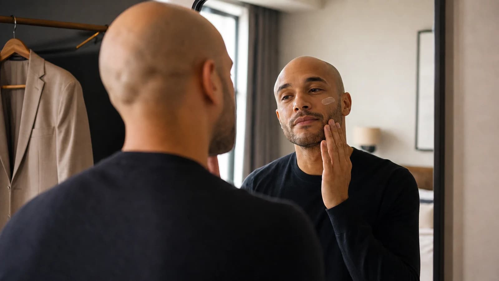 Bald man grooming before a date with moisturizer and a fitted jacket nearby