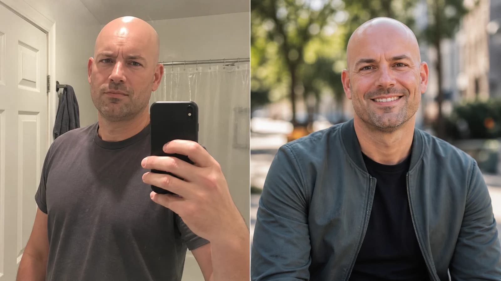 Bald dating profile photo comparison with harsh selfie lighting and natural daylight portrait