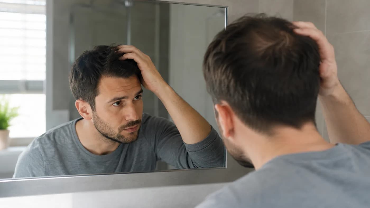 Man examining early crown thinning in a mirror under soft daylight.