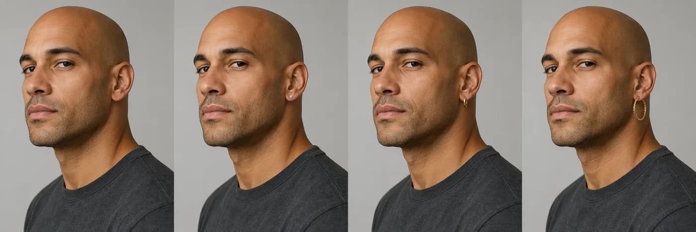 Bald man comparing no earring, a silver stud, a gold huggie hoop, and a textured statement hoop