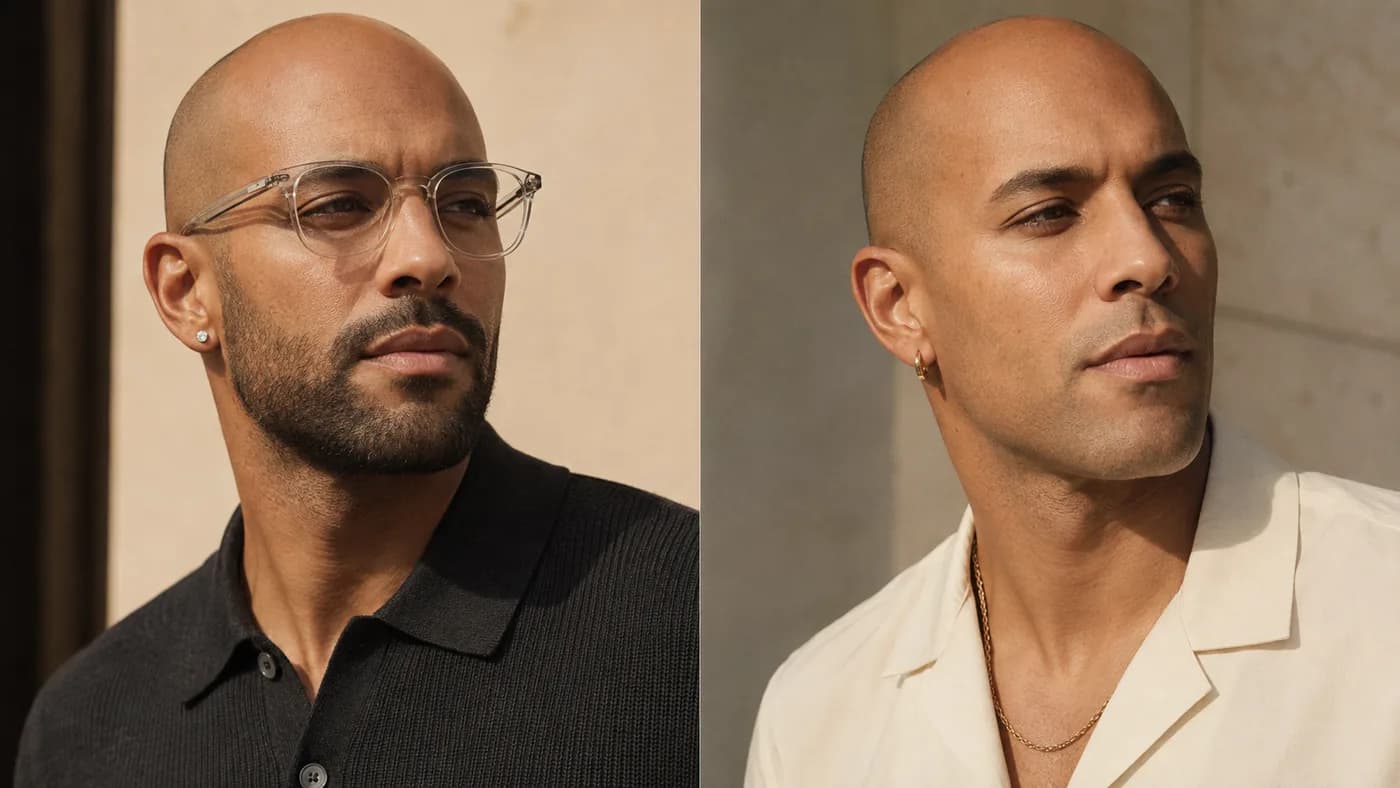 Bald men styling earrings with glasses, beard, knit polo, open collar, and a simple chain