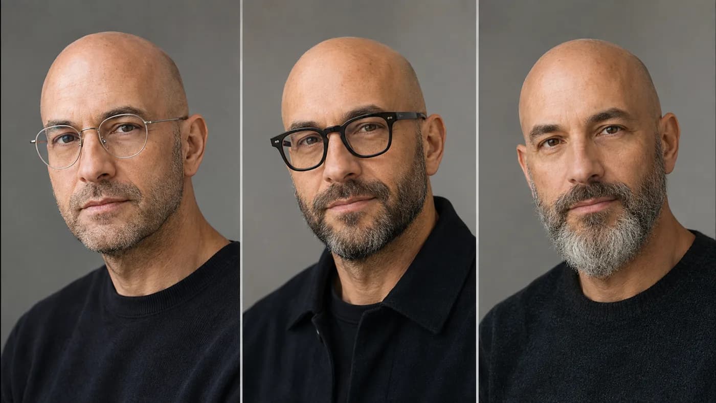 The same bald man balancing natural eyebrows with glasses and different beard weights