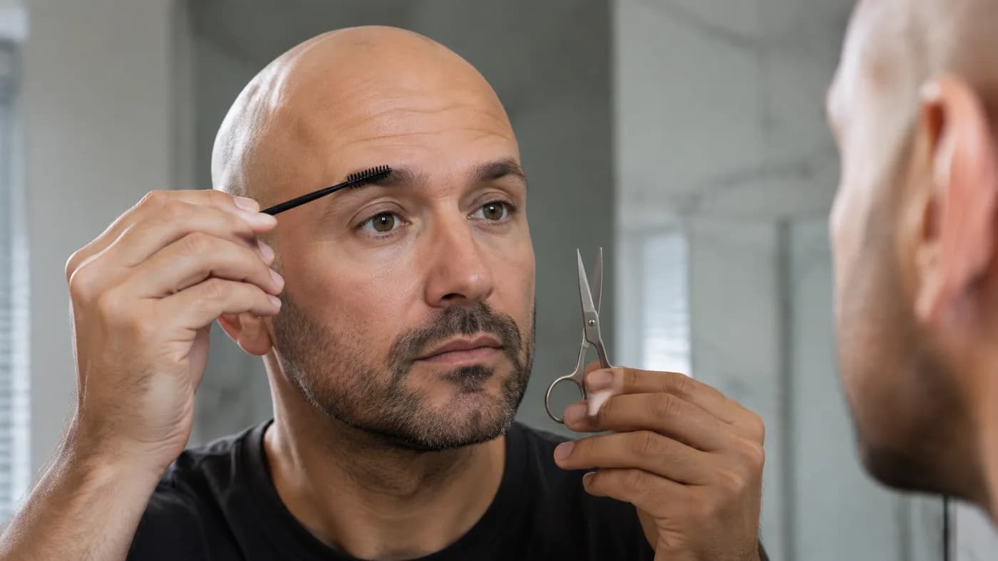 Bald man brushing his eyebrow upward before trimming long hairs