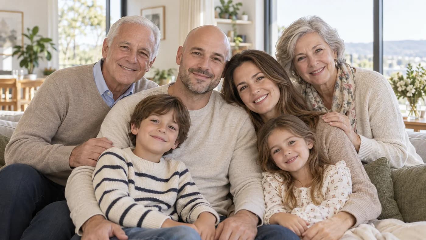 Multigenerational family portrait in soft window light
