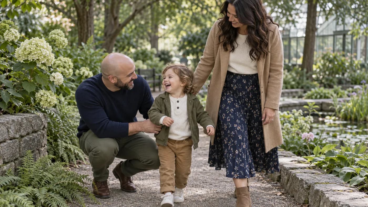 Bald father and family walking in soft outdoor shade